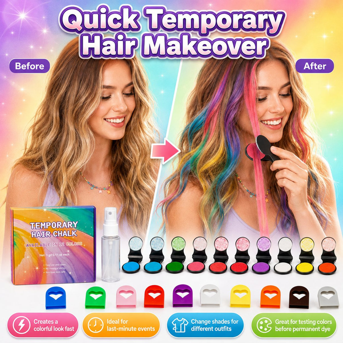 🔥 50% KORTING! 🌈 12-Kleuren Tijdelijke Haarkrijtset – Met Applicator | Snel Kleur in je Haar Zonder Permanente Verandering ✨ NL