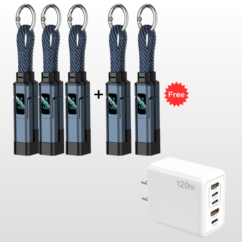 🔌📟 4-in-1 keychain oplaadkabel | Digitaal display, tot 65W+27W | Gevlochten nylon, zinkring | <0,5 m, 4 kleuren | 1/3/5 stuks | 50% KORTING!