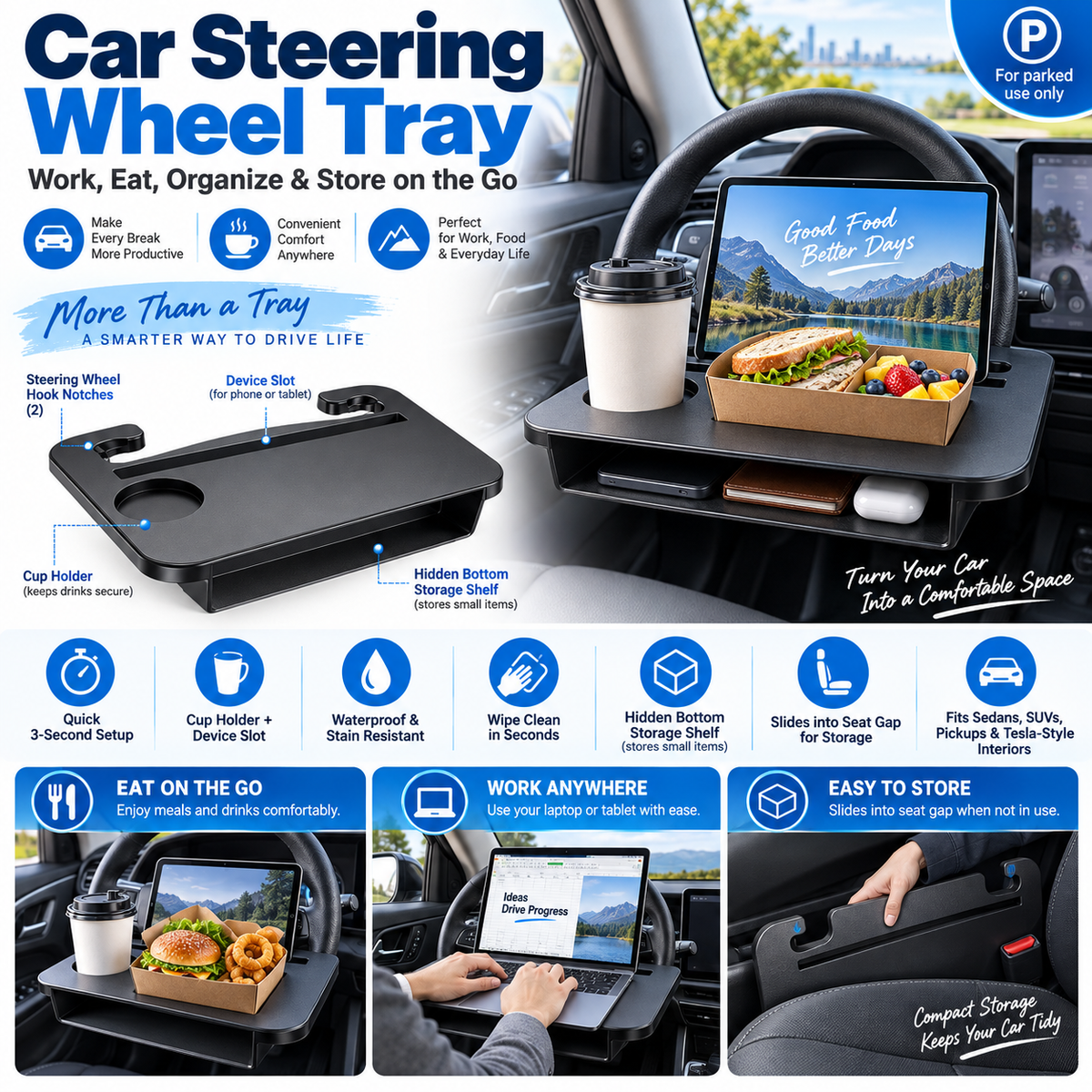2-in-1 Autostuurtafel & stoelopening-organizer