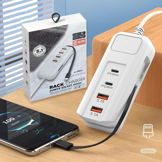 🎄Kerstdeal ALTIJD 50% KORTING!⚡ 66W Multifunctioneel Snellaadstopcontact (2PD+2USB): Ingebouwde Type-C Kabel + UK/EU/US Plug – Veilig & Compact！