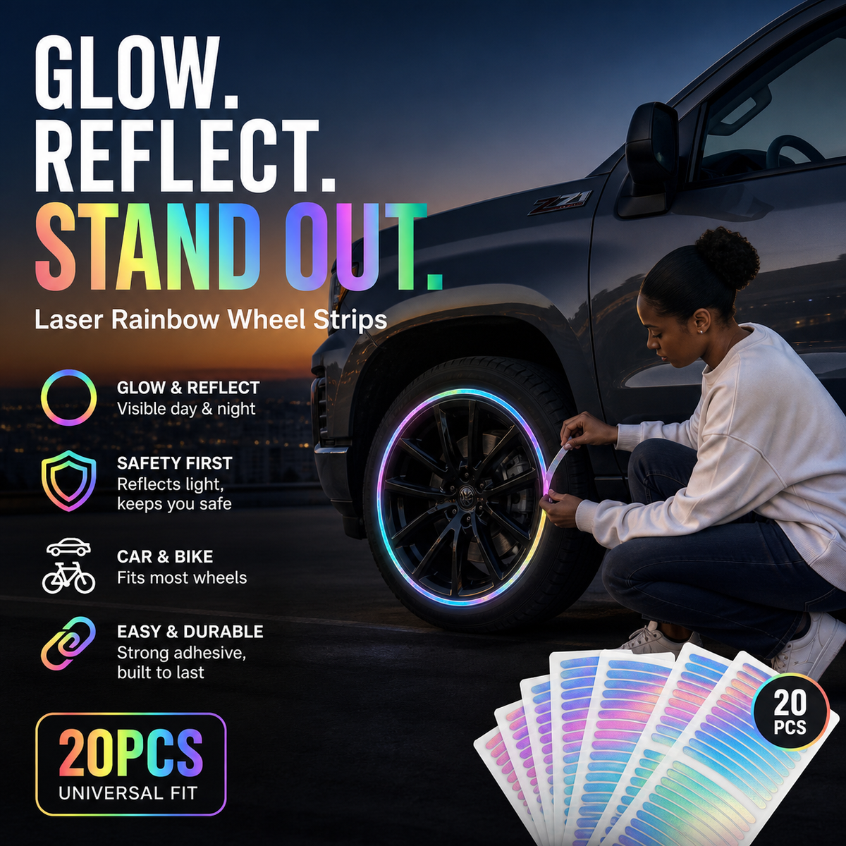 ⏳ Vandaag 50% korting! 🌙 Val op in het donker – deze stickers kaatsen licht terug naar bestuurders. Voorgevormd en gebogen, direct plakken. Incl. 20 stuks. Perfect voor nachtelijke veiligheid 🎁