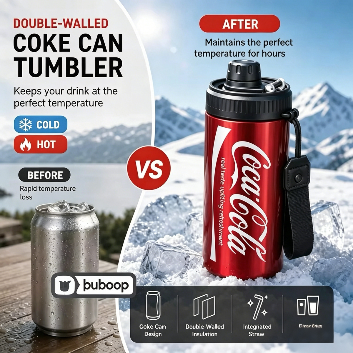 🥤Dubbelwandige, geïsoleerde roestvrijstalen beker in de vorm van een colablikje.
