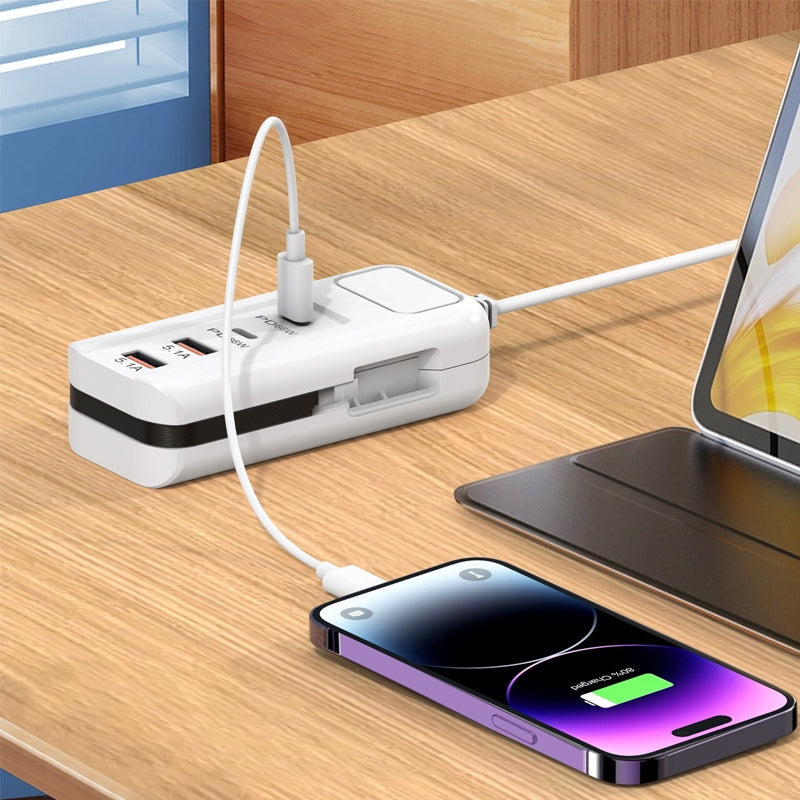 🎄Kerstdeal ALTIJD 50% KORTING!⚡ 66W Multifunctioneel Snellaadstopcontact (2PD+2USB): Ingebouwde Type-C Kabel + UK/EU/US Plug – Veilig & Compact！