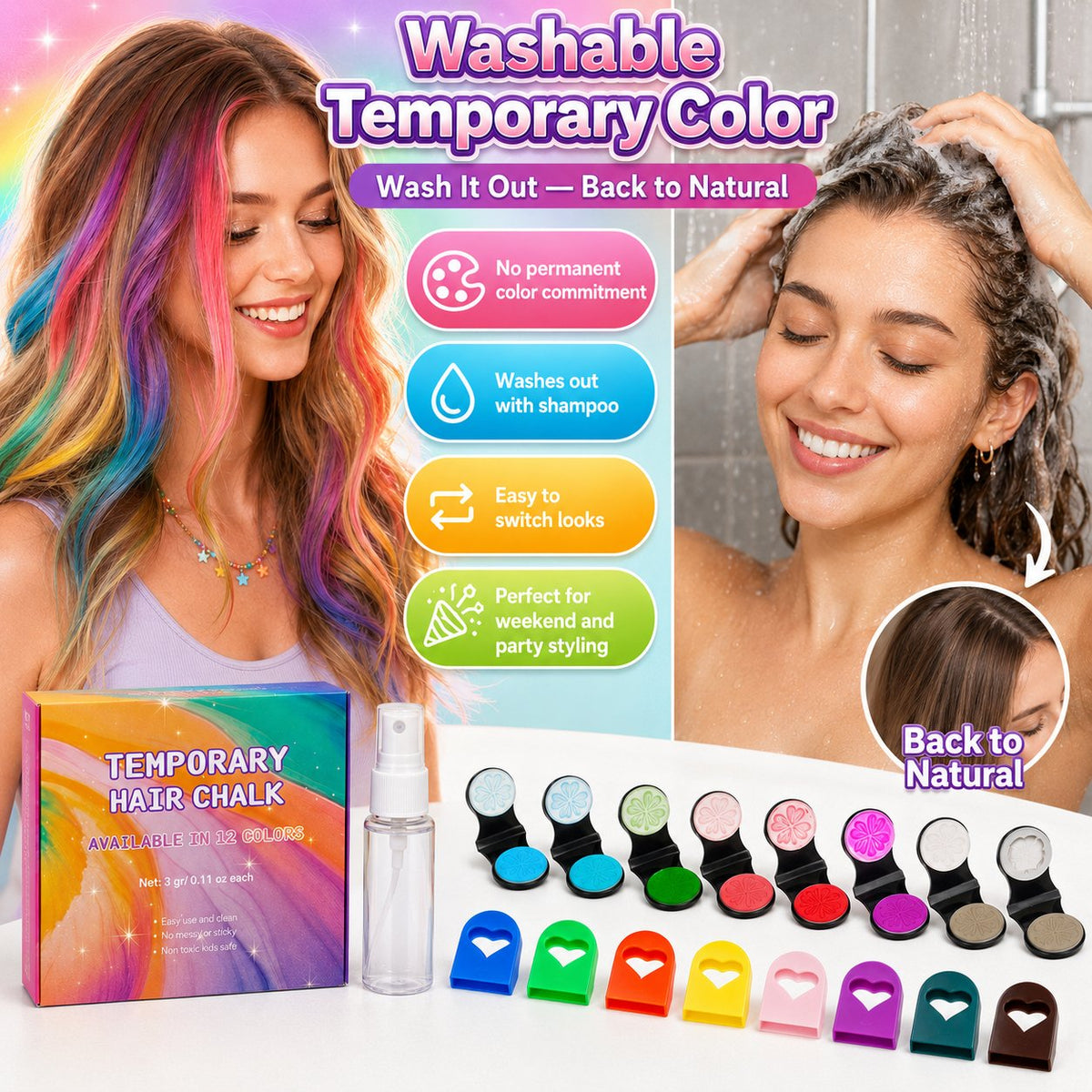 🔥 50% KORTING! 🌈 12-Kleuren Tijdelijke Haarkrijtset – Met Applicator | Snel Kleur in je Haar Zonder Permanente Verandering ✨ NL