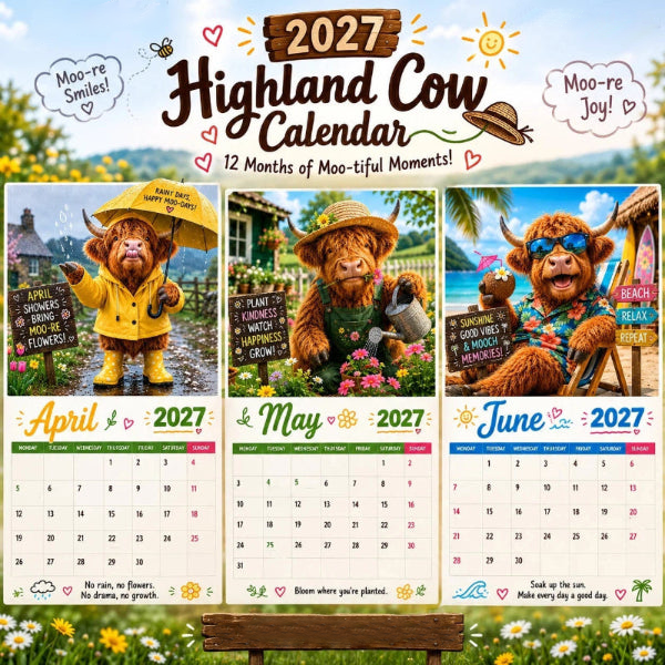 2027 Grappige Hooglandrund Kalender | A4 Wandkalender | Ontworpen door Isabel Kline