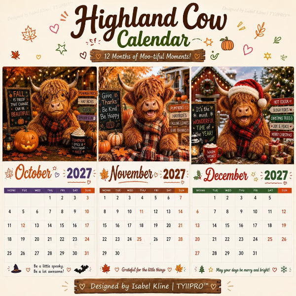2027 Grappige Hooglandrund Kalender | A4 Wandkalender | Ontworpen door Isabel Kline