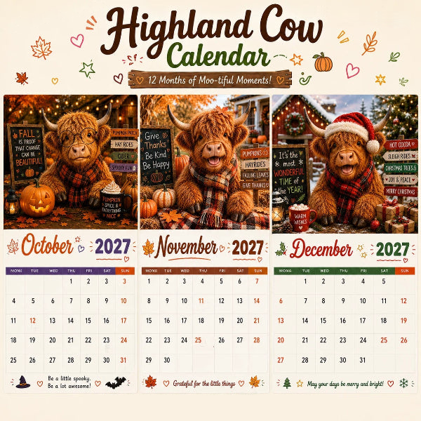 2027 Grappige Hooglandrund Kalender | A4 Wandkalender | Ontworpen door Isabel Kline