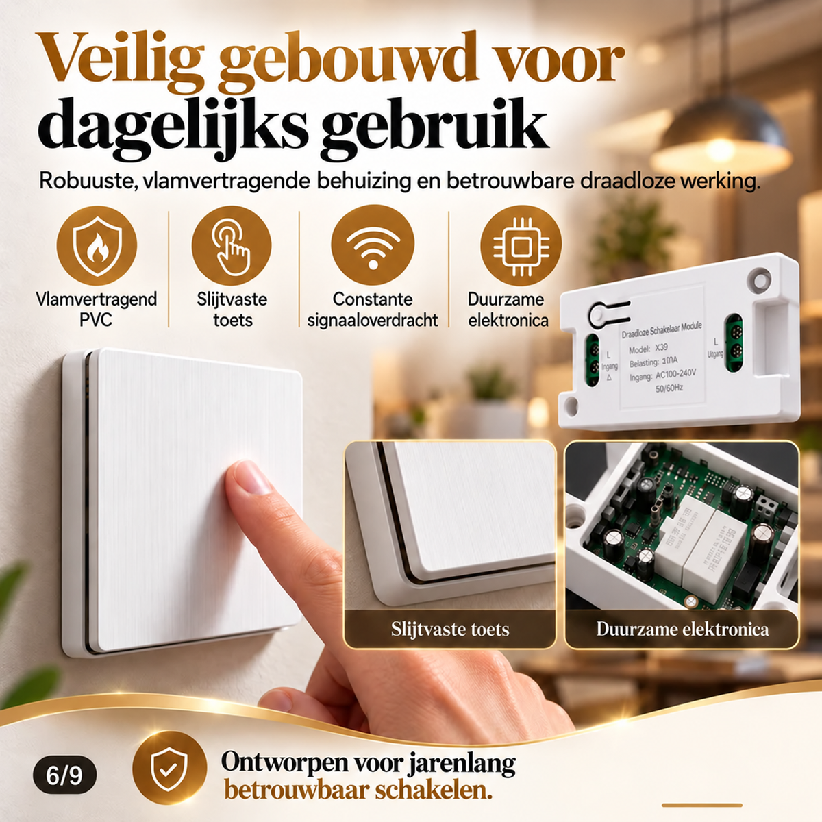 🔥FLASH SALE🔥 Draadloze Lichtschakelaar Set – Zonder Kabels of Boren, Zelfklevend – Voor 220V Huishoudlampen – Flexibel op Glas, Hout & Tegels – Vlamvertragend! 💡✨