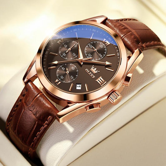 ⏰Hot Sale 50% OFF💥💥OLEVS Triple-Eye Six-Hand Leather Casual Chronograph Men's Watch