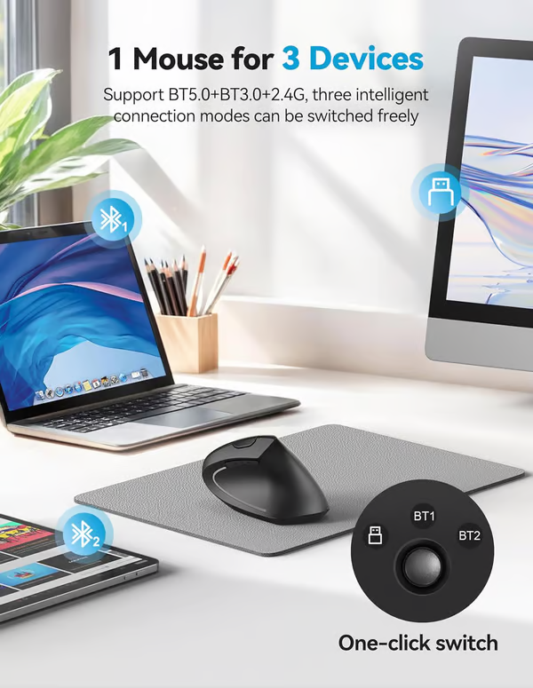 Ergonomische verticale optische muis, draadloos, oplaadbaar via USB