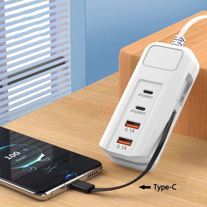 🎄Kerstdeal ALTIJD 50% KORTING!⚡ 66W Multifunctioneel Snellaadstopcontact (2PD+2USB): Ingebouwde Type-C Kabel + UK/EU/US Plug – Veilig & Compact！