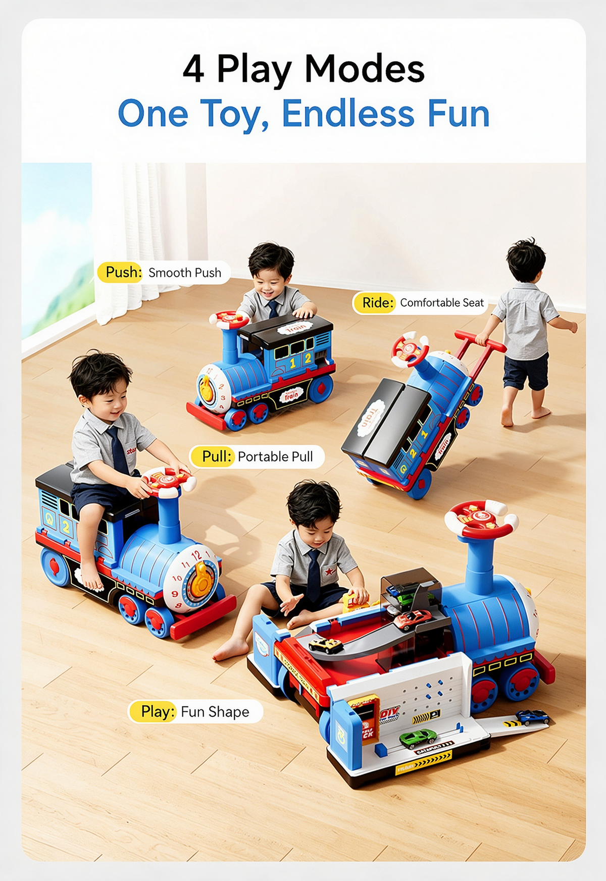 🚂 Speelgoedtrein voor kinderen – Grote, ombouwbare locomotief om op te rijden, duwen, trekken en op te zitten. Veilig speelgoed voor jonge kinderen dat motoriek en creativiteit stimuleert.