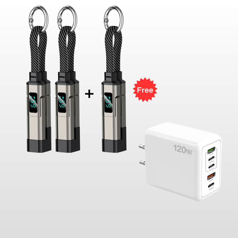 🔌📟 4-in-1 keychain oplaadkabel | Digitaal display, tot 65W+27W | Gevlochten nylon, zinkring | <0,5 m, 4 kleuren | 1/3/5 stuks | 50% KORTING!