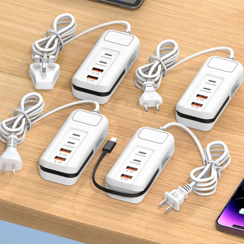 🎄Kerstdeal ALTIJD 50% KORTING!⚡ 66W Multifunctioneel Snellaadstopcontact (2PD+2USB): Ingebouwde Type-C Kabel + UK/EU/US Plug – Veilig & Compact！