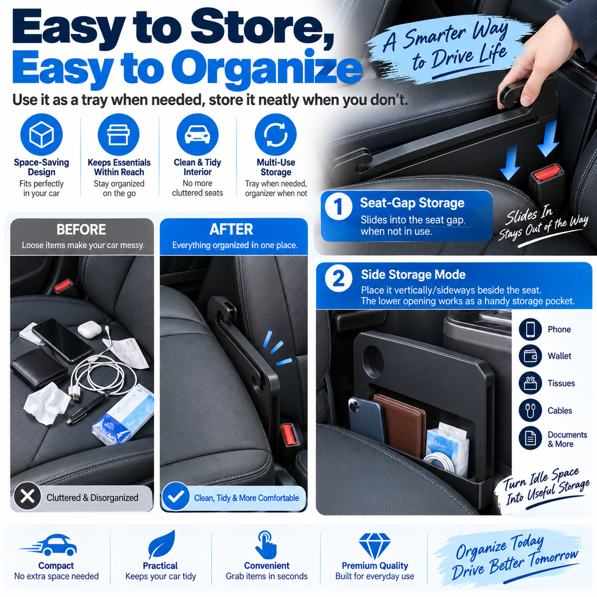 2-in-1 Autostuurtafel & stoelopening-organizer
