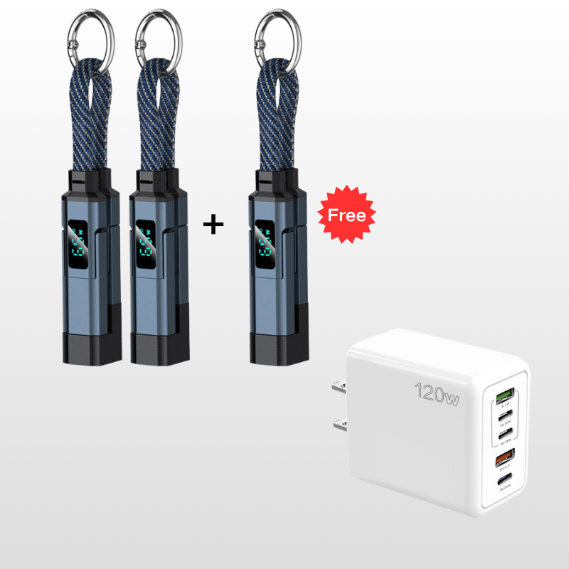 🔌📟 4-in-1 keychain oplaadkabel | Digitaal display, tot 65W+27W | Gevlochten nylon, zinkring | <0,5 m, 4 kleuren | 1/3/5 stuks | 50% KORTING!