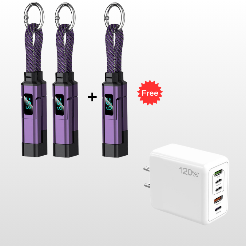 🔌📟 4-in-1 keychain oplaadkabel | Digitaal display, tot 65W+27W | Gevlochten nylon, zinkring | <0,5 m, 4 kleuren | 1/3/5 stuks | 50% KORTING!