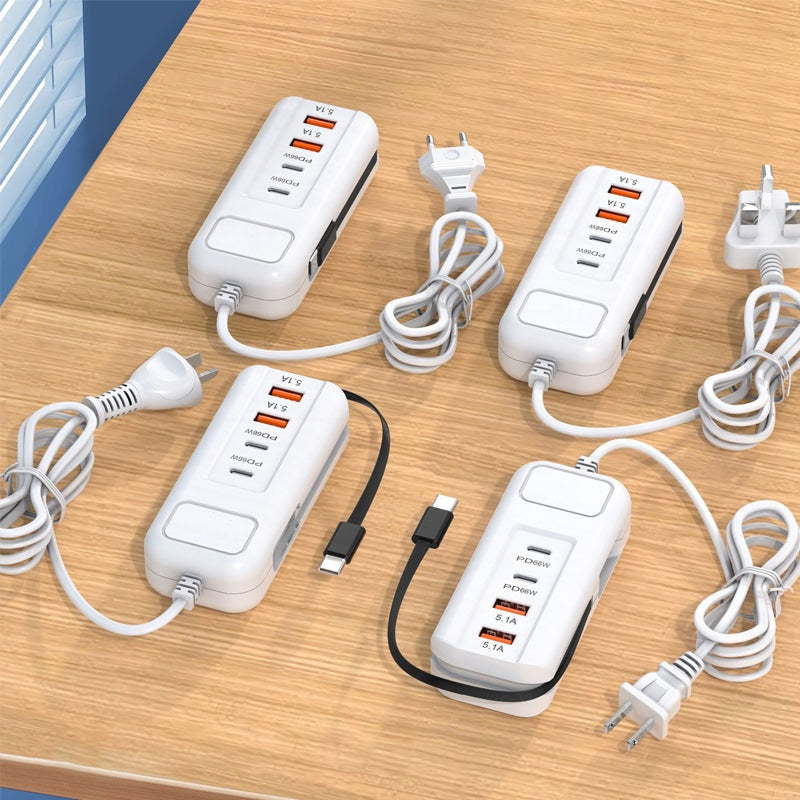 🎄Kerstdeal ALTIJD 50% KORTING!⚡ 66W Multifunctioneel Snellaadstopcontact (2PD+2USB): Ingebouwde Type-C Kabel + UK/EU/US Plug – Veilig & Compact！