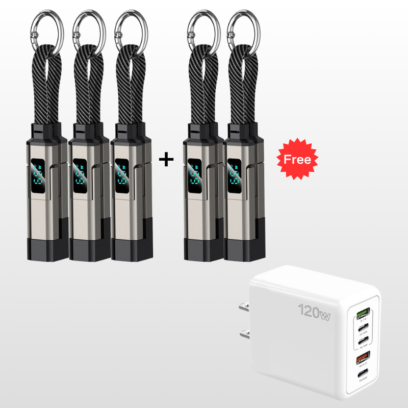 🔌📟 4-in-1 keychain oplaadkabel | Digitaal display, tot 65W+27W | Gevlochten nylon, zinkring | <0,5 m, 4 kleuren | 1/3/5 stuks | 50% KORTING!