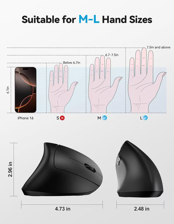 Ergonomische verticale optische muis, draadloos, oplaadbaar via USB