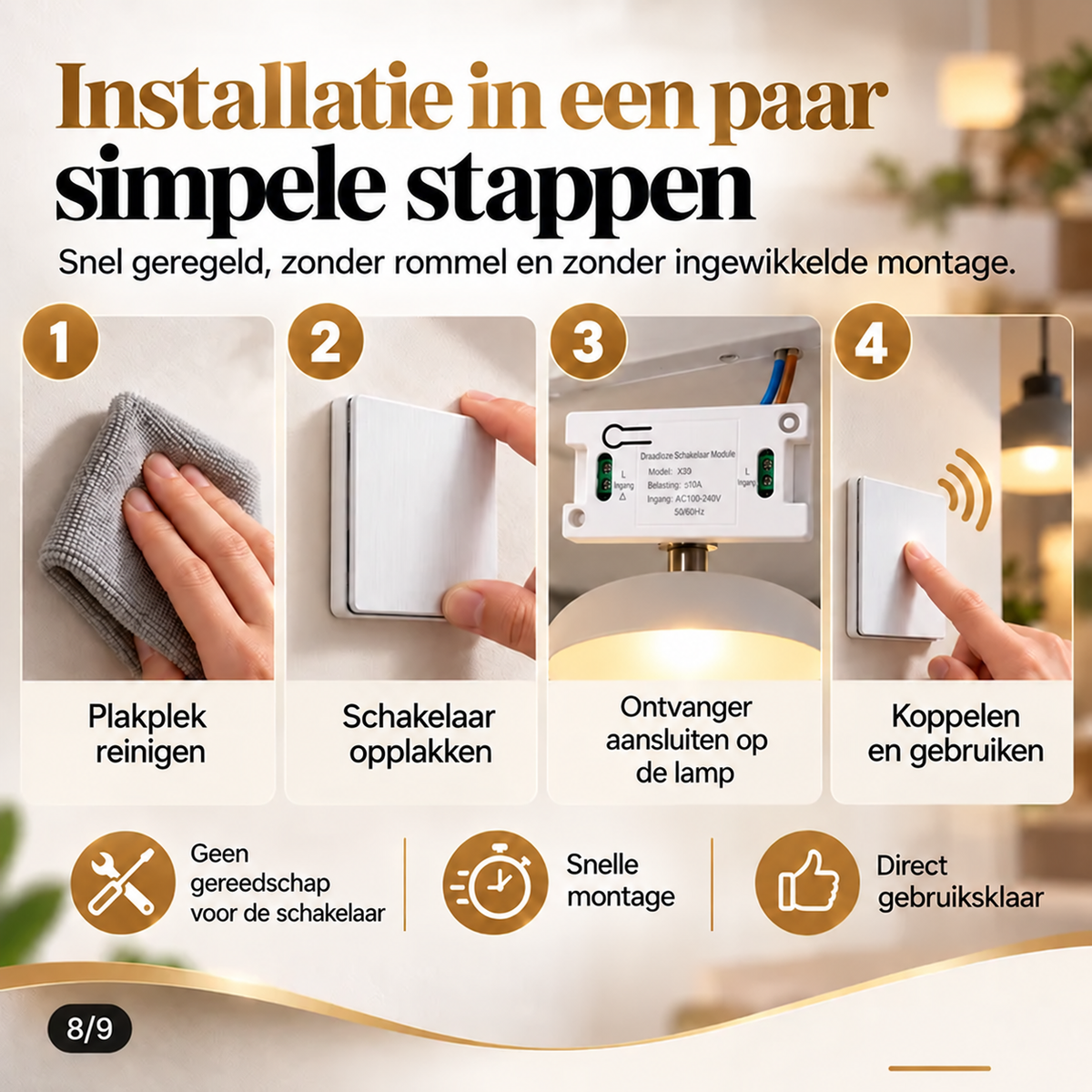 🔥FLASH SALE🔥 Draadloze Lichtschakelaar Set – Zonder Kabels of Boren, Zelfklevend – Voor 220V Huishoudlampen – Flexibel op Glas, Hout & Tegels – Vlamvertragend! 💡✨