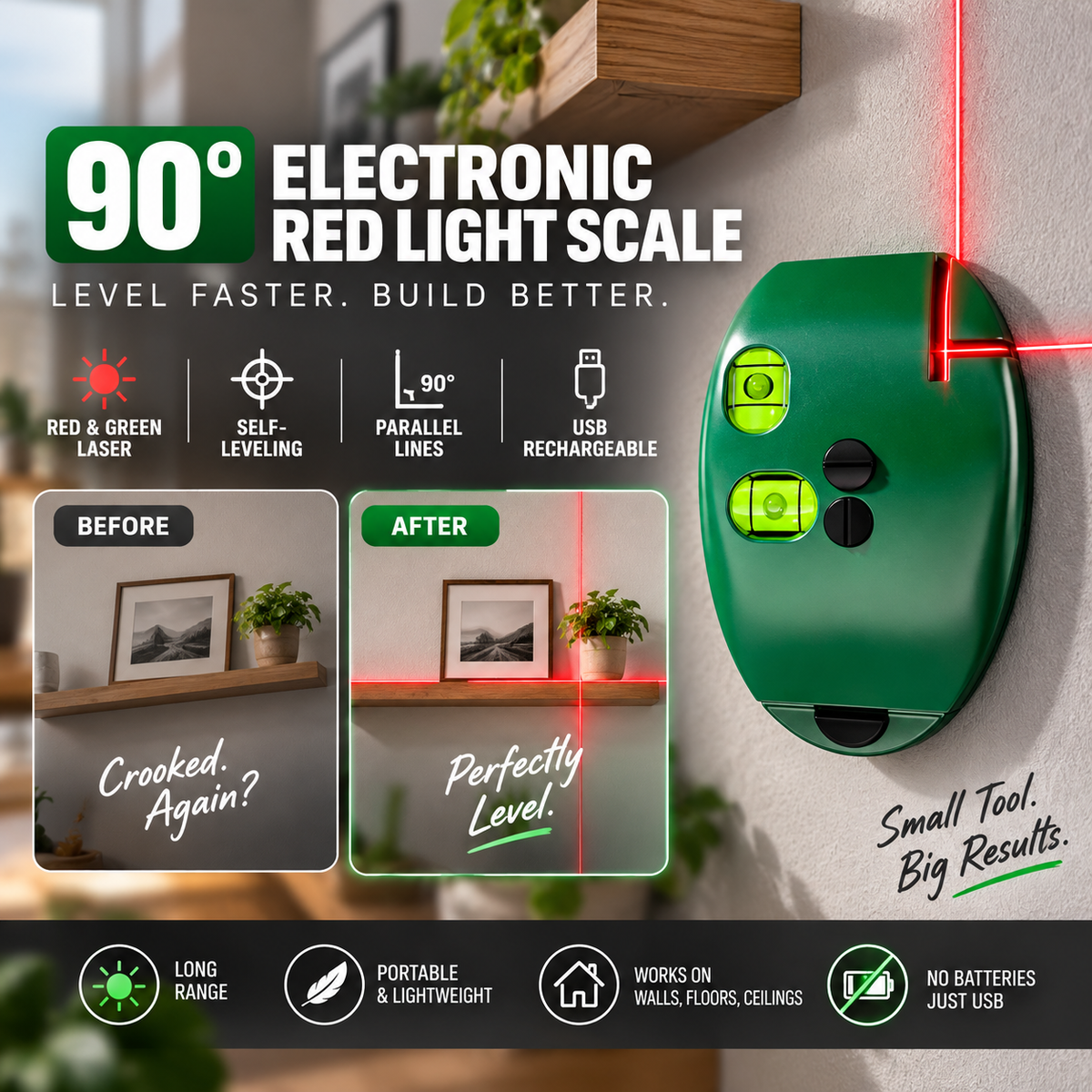 🛠️💡 50% KORTING! Stop met het scheef ophangen van je planken! Deze 90-graden laserwaterpas met infrarood projecteert een perfecte rechte hoek op elke muur, elke tegel, elk project
