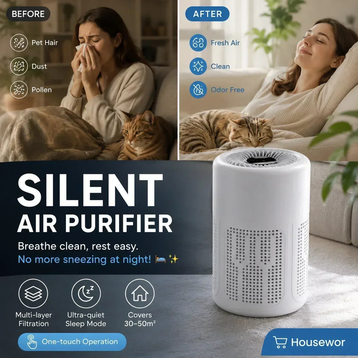 NU 50% KORTING! Stille, energiezuinige compacte luchtreiniger, verwijdert dierenharen, stof en allergenen, ultrastille slaapstand voor slaapkamer en thuis