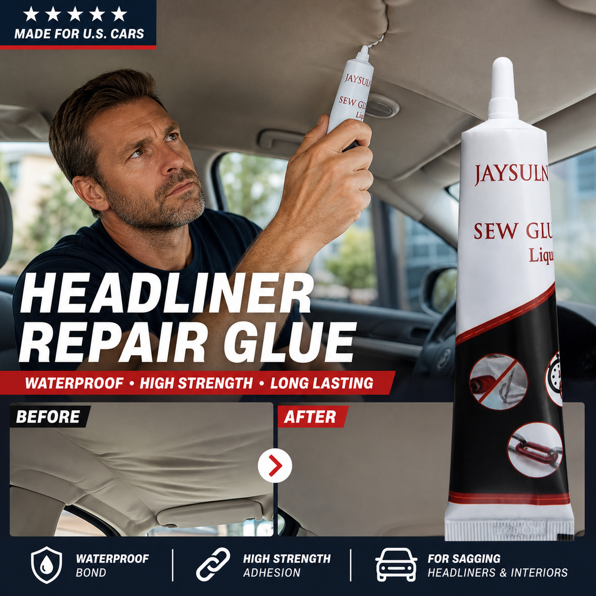 🎉49K+ Verkocht 🚗 Waterdichte Auto Dakhemel Reparatielijm, Sterke Lijm voor Doorzakkend Autodak & Interieur