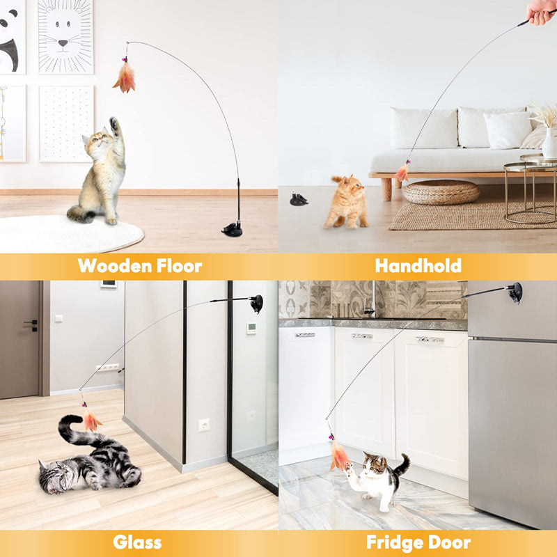 🐱💥 50% KORTING! Stop met het zien van een verveelde kat die je gordijnen sloopt! Deze zuignap-hengel met veren en belletjes houdt hem bezig – zelfspelen of samen, jij kiest.