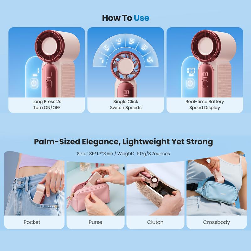 💨 Mini handventilator met LED-display | 🧊6 snelheden, 10,7 uur koelte | Weegt niets – gaat overal heen