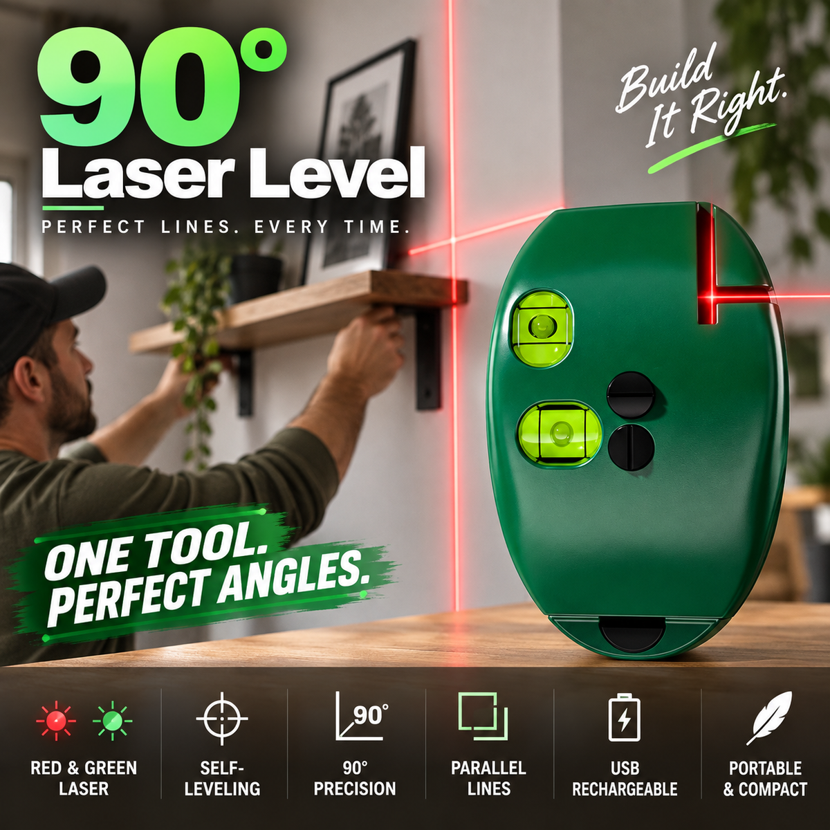 🛠️💡 50% KORTING! Stop met het scheef ophangen van je planken! Deze 90-graden laserwaterpas met infrarood projecteert een perfecte rechte hoek op elke muur, elke tegel, elk project