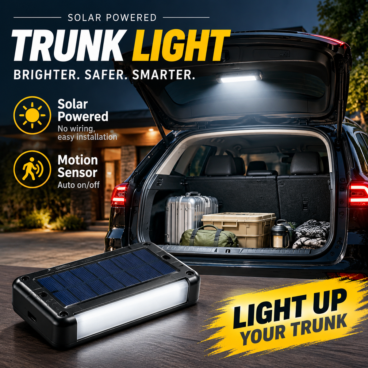 🔆 Solar LED Trunk Light for Cars – Automatic Sensor, Wireless, 6 Colors, for SUVs and Vehicles