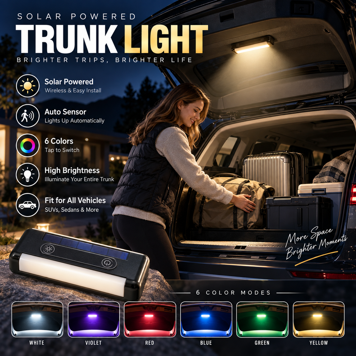 🔆 Solar LED Trunk Light for Cars – Automatic Sensor, Wireless, 6 Colors, for SUVs and Vehicles
