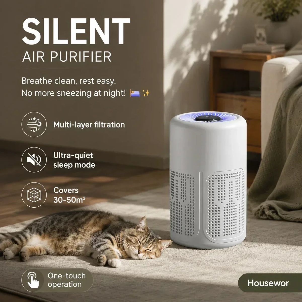 NU 50% KORTING! Stille, energiezuinige compacte luchtreiniger, verwijdert dierenharen, stof en allergenen, ultrastille slaapstand voor slaapkamer en thuis