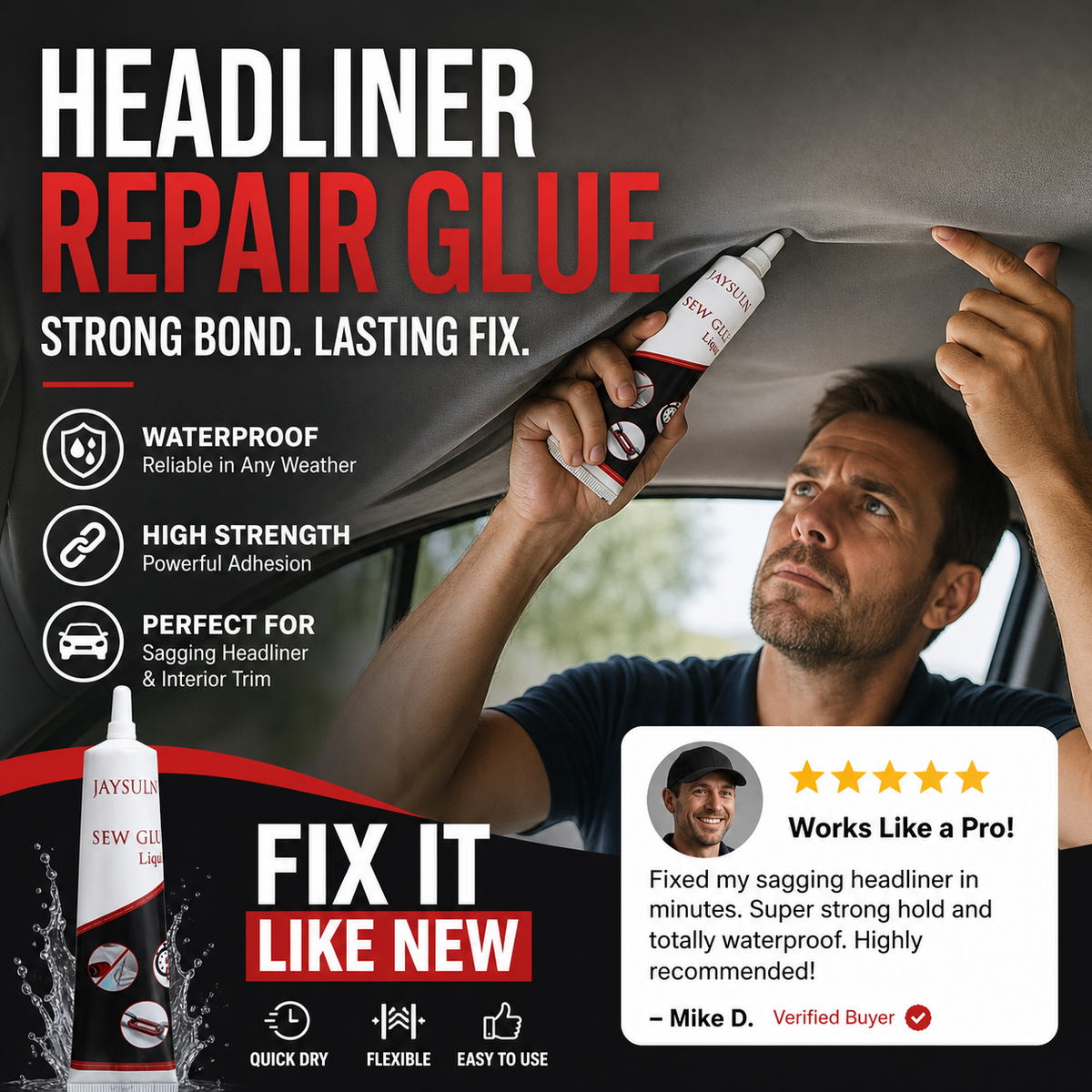 🎉49K+ Verkocht 🚗 Waterdichte Auto Dakhemel Reparatielijm, Sterke Lijm voor Doorzakkend Autodak & Interieur