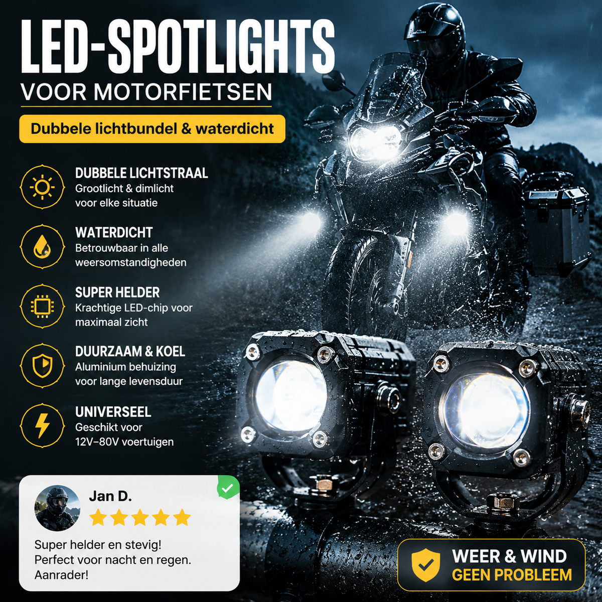 🏍️ Universele LED-Spotlights – Dubbele Lichtbundel & Waterbestendig 💡