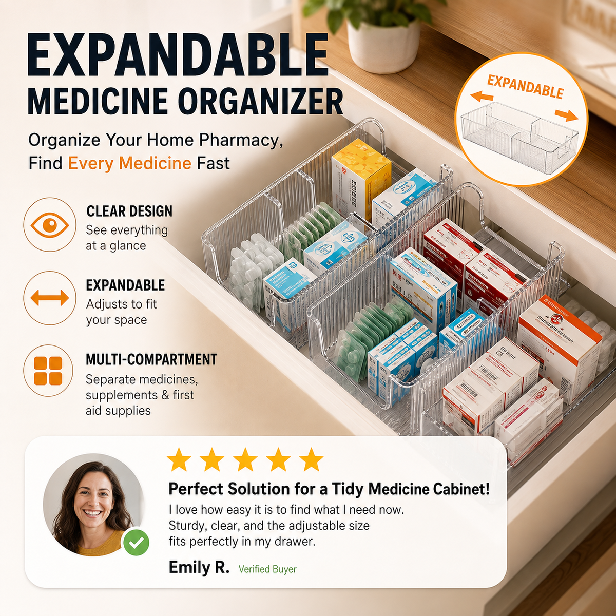 🔥 Transparante telescopische medicijnorganizer — uitschuifbaar, perfect voor een opgeruimde medicijnkast 💊🗄️