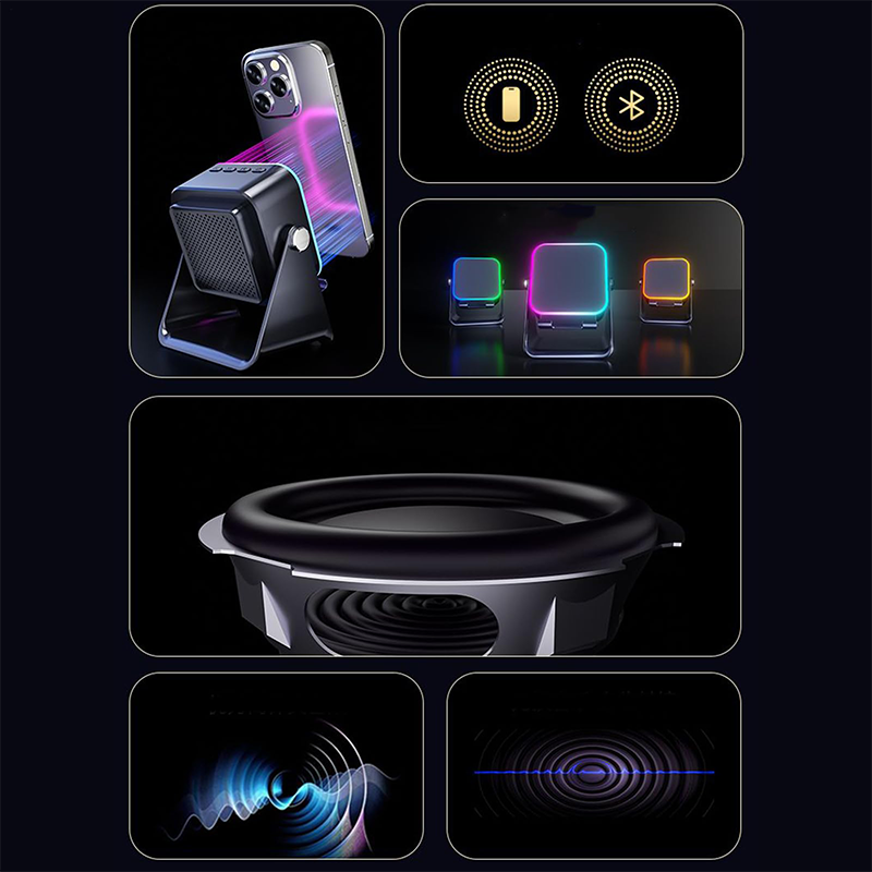 🔊📱 5-in-1 Draadloze Inductie Bluetooth-Luidspreker met Verstelbare Telefoonstandaard – Dubbele Connectiviteit, Dynamische Belichting & Lange Accu Duur（Perfect voor Multimedia Entertainment!）