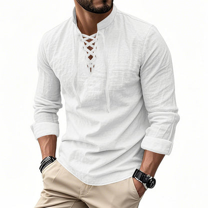 👔 NU 50% KORTING! 💎 Casual herenoverhemd in effen kleur – vetersluiting bij de hals, moderne opstaande kraag en ademend katoen ✨