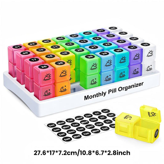 💊📅 Dagelijkse 31-daagse pillendoosje voor op reis🔒📦 Medicijnendoosje voor 4 weken met vakjes en labels, ideaal voor weekplanning, vakanties en senioren, compacte opslag