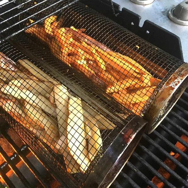 🍖 50% KORTING! 360° Roterende BBQ Grillkorf – Voor Groenten, Aardappeltjes, Garnalen & Meer | RVS, Stevig & Handig voor Elke BBQ 🔥