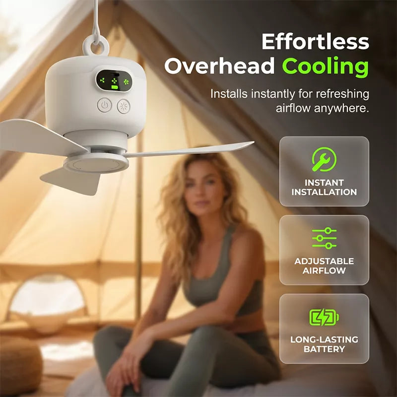 ⏳🔥TIJDELIJK 50% KORTING! 🌬️ Oplaadbare plafondventilator met LED-verlichting – Koel en helder, waar je ook bent ✨