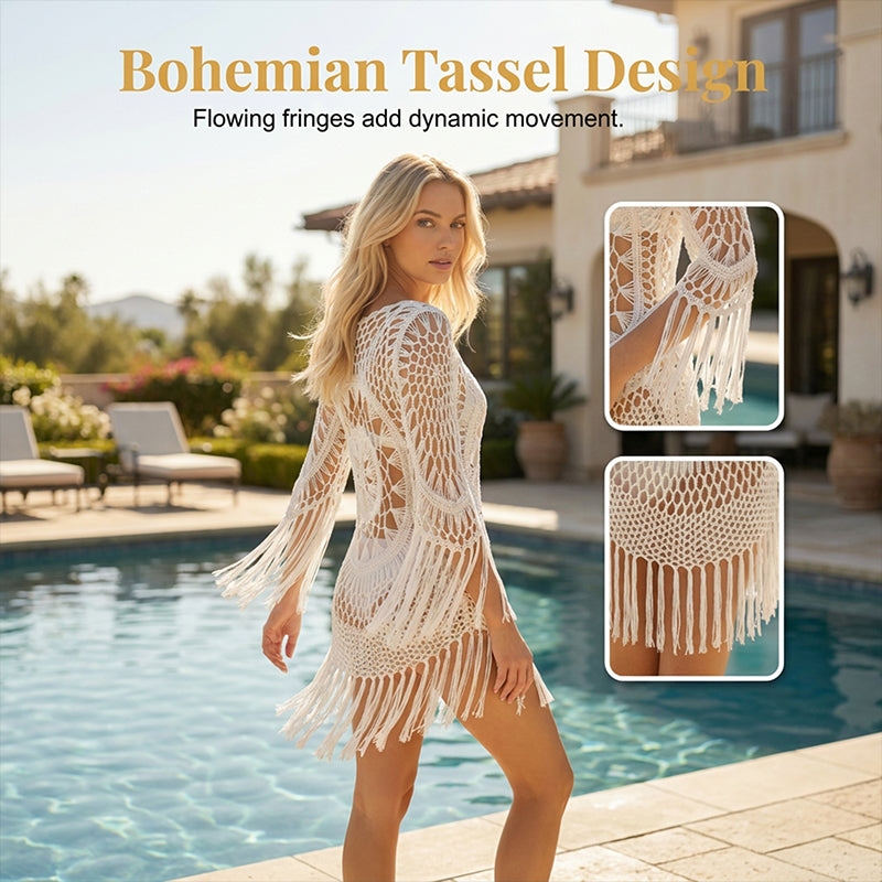 👙 NU 50% KORTING! 🌊 Boheemse gehaakte strandcover-up met kwastjes – Luchtig, soepel vallend & boho-chic – perfect voor aan het zwembad, op het strand of op zomervakantie – met verstelbare pasvorm 🧶
