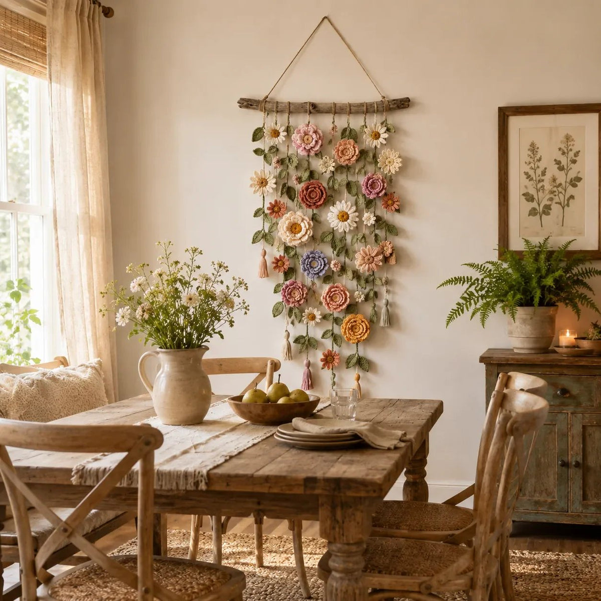 ❄️Zomerfresh 50% Korting!🌸Gehaakte Bloemen Wanddecoratie – Boho Wandhanger met Bloemen, Groene Ranken & Kwastjes voor Slaapkamer en Woonkamer