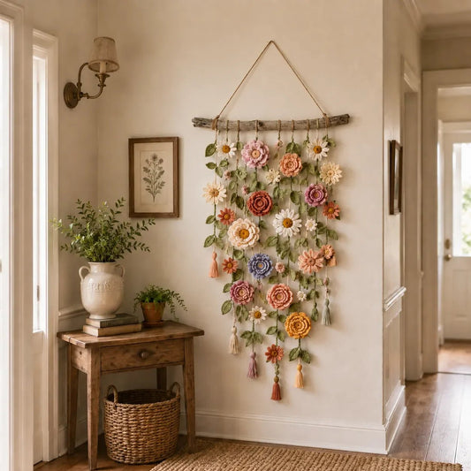❄️Zomerfresh 50% Korting!🌸Gehaakte Bloemen Wanddecoratie – Boho Wandhanger met Bloemen, Groene Ranken & Kwastjes voor Slaapkamer en Woonkamer
