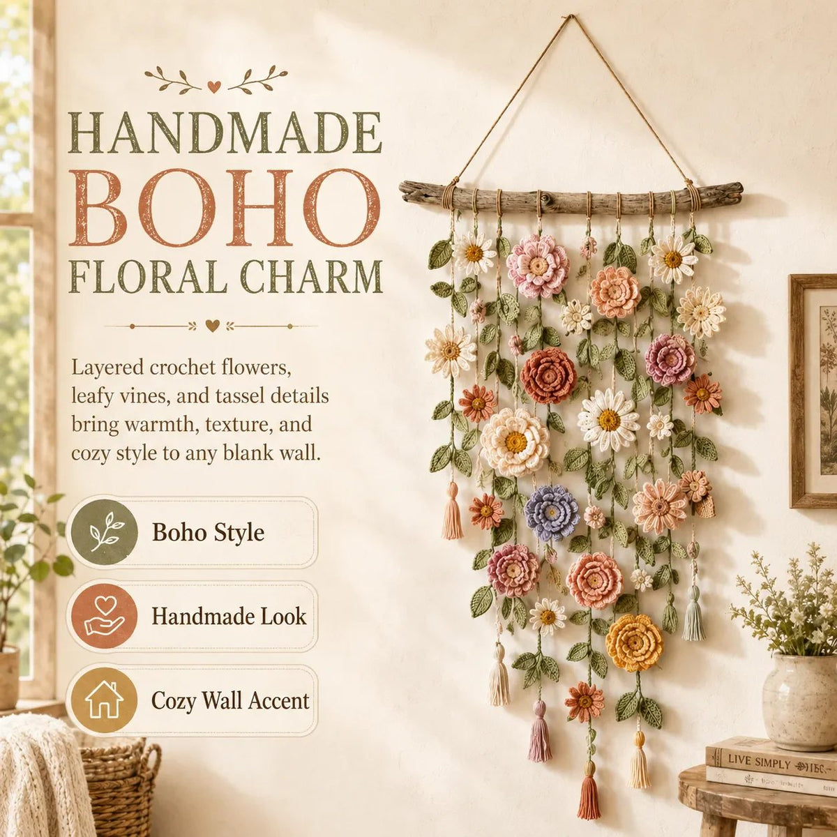 ❄️Zomerfresh 50% Korting!🌸Gehaakte Bloemen Wanddecoratie – Boho Wandhanger met Bloemen, Groene Ranken & Kwastjes voor Slaapkamer en Woonkamer
