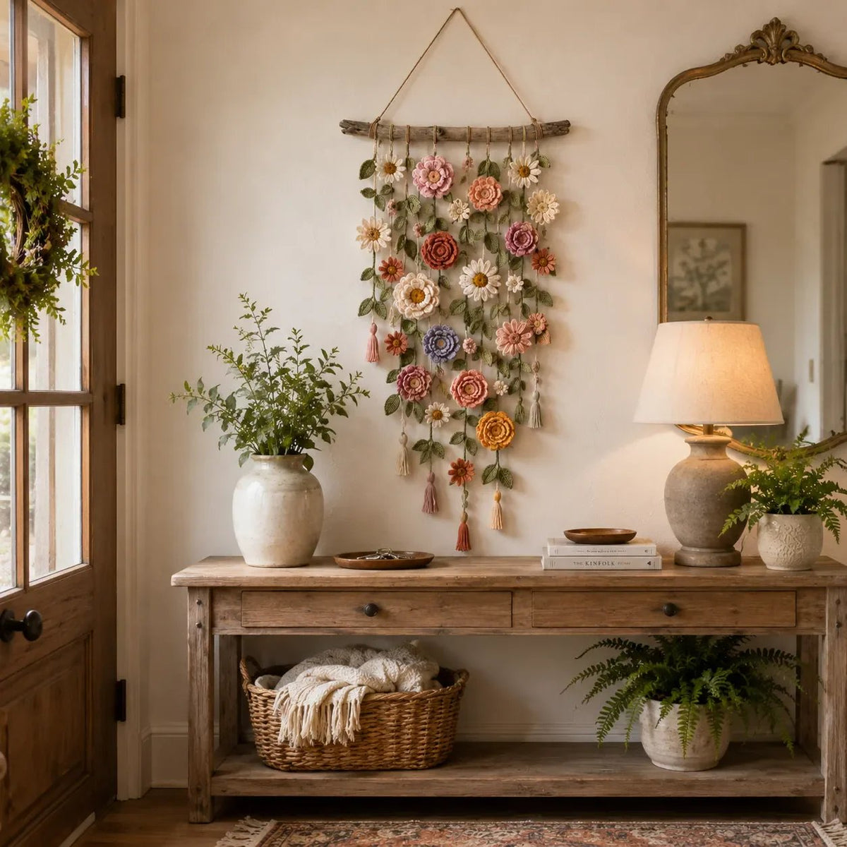 ❄️Zomerfresh 50% Korting!🌸Gehaakte Bloemen Wanddecoratie – Boho Wandhanger met Bloemen, Groene Ranken & Kwastjes voor Slaapkamer en Woonkamer