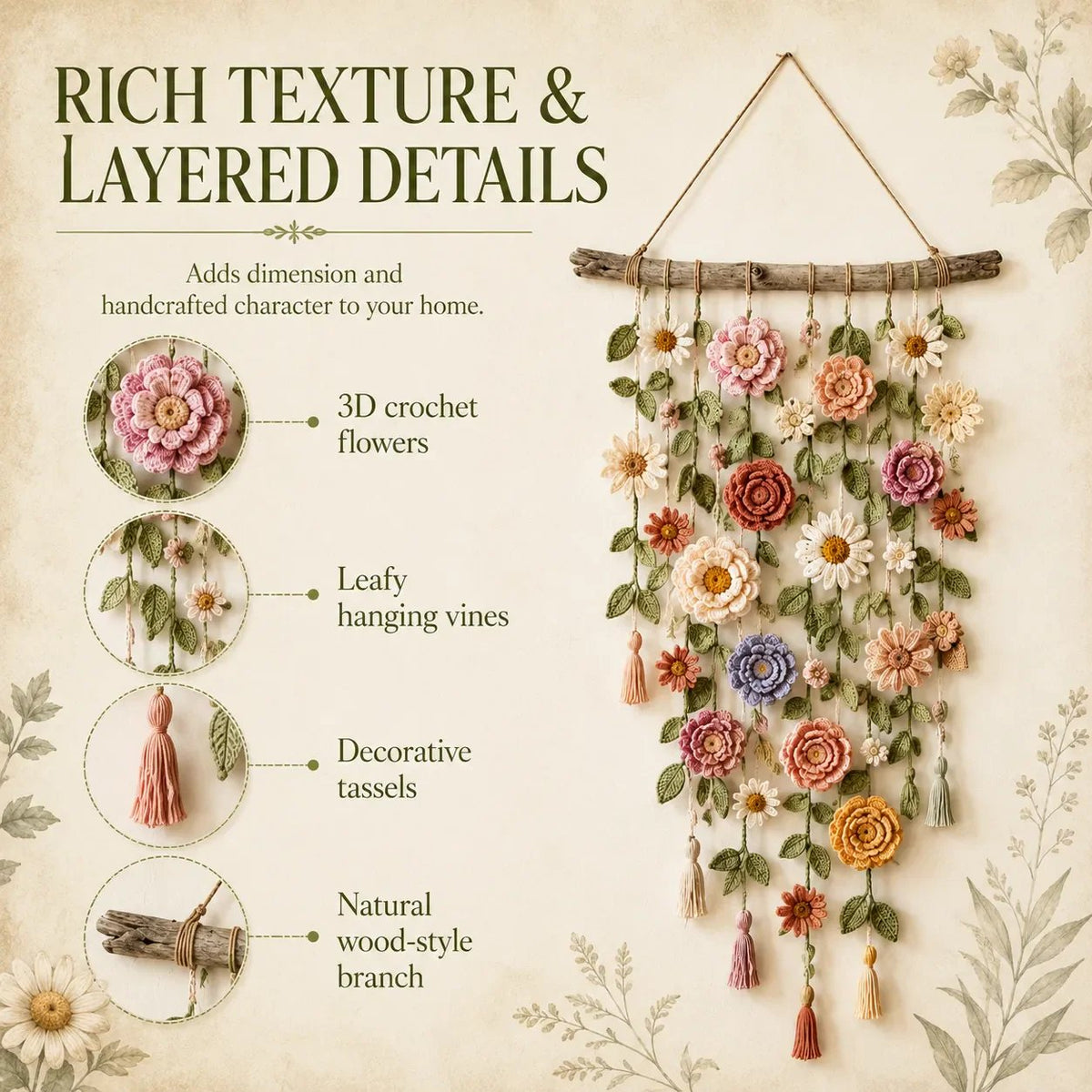 ❄️Zomerfresh 50% Korting!🌸Gehaakte Bloemen Wanddecoratie – Boho Wandhanger met Bloemen, Groene Ranken & Kwastjes voor Slaapkamer en Woonkamer