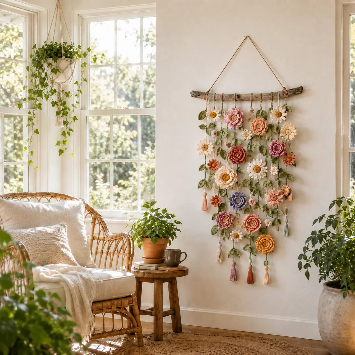 ❄️Zomerfresh 50% Korting!🌸Gehaakte Bloemen Wanddecoratie – Boho Wandhanger met Bloemen, Groene Ranken & Kwastjes voor Slaapkamer en Woonkamer