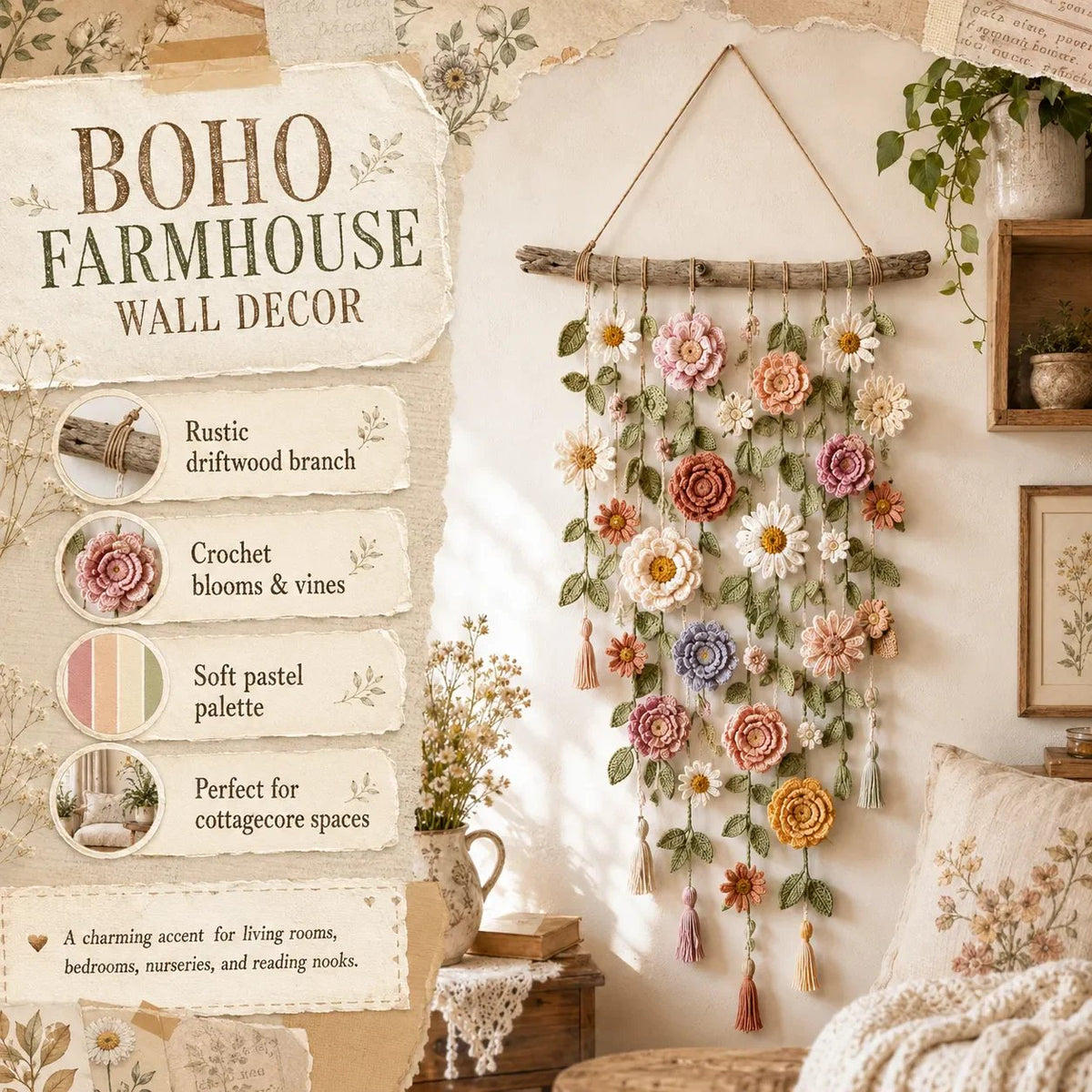 ❄️Zomerfresh 50% Korting!🌸Gehaakte Bloemen Wanddecoratie – Boho Wandhanger met Bloemen, Groene Ranken & Kwastjes voor Slaapkamer en Woonkamer